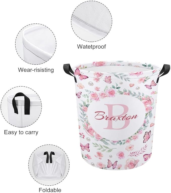 Custom Name Laundry Baskets,Personalized Butterfly Laundry Hamper for Kids Baby Adults,Collapsible Clothes Storage Organizer,One Size