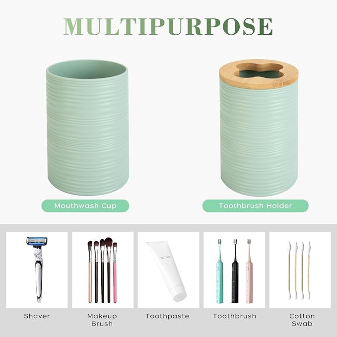 4 PCS Sage Green Bathroom Accessories Set, Includes a Soap Dispenser, Toothbrush Holder, Soap Dish and Mouthwash Cup, Plastics & Bamboo Bathroom Set, Bohemian Style Bathroom Sink Set