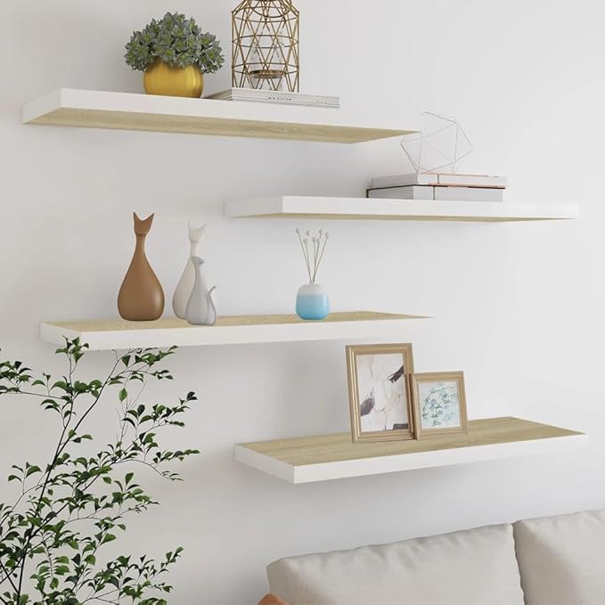 Floating Wall Shelves 4 Pack Oak White Modern Invisible Mounting Display Rack for Living Room Bedroom Office Decor 31.5x9.3x1.5 Inches MDF Honeycomb