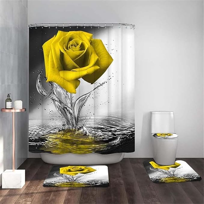 Yellow Rose Bathroom Sets with Shower Curtain and Rugs Water Yellow Rose Shower Curtain Set with Non-Slip Rugs,Bath Mat,Toilet Lid Cover and 12 Strong Hooks,Modern Style Shower Curtain for Bathroom
