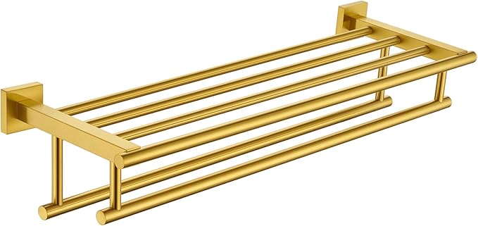 Angle Simple Towel Rack with Holder for Bathroom, SUS 304 Stainless Steel Wall Bath Towel Shelf with Double Bar, Brushed Dark Gold, 23.62 Inches