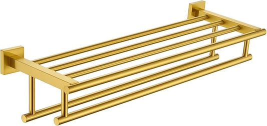 Angle Simple Towel Rack with Holder for Bathroom, SUS 304 Stainless Steel Wall Bath Towel Shelf with Double Bar, Brushed Dark Gold, 23.62 Inches