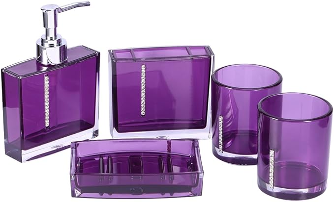 Bathroom Accessory Set,5 Pcs/Set Acrylic Brush Holder/Emulsion Bottle/Soap Dish/Gargle Cup for Home Hotel (Purple)