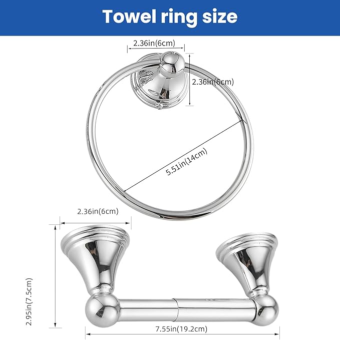 sagetta Hand Towel Holder Towel Ring Set with Toilet Paper Holder 5.55-Inch Bath Towel Ring Diameter Wall Mount Chrome