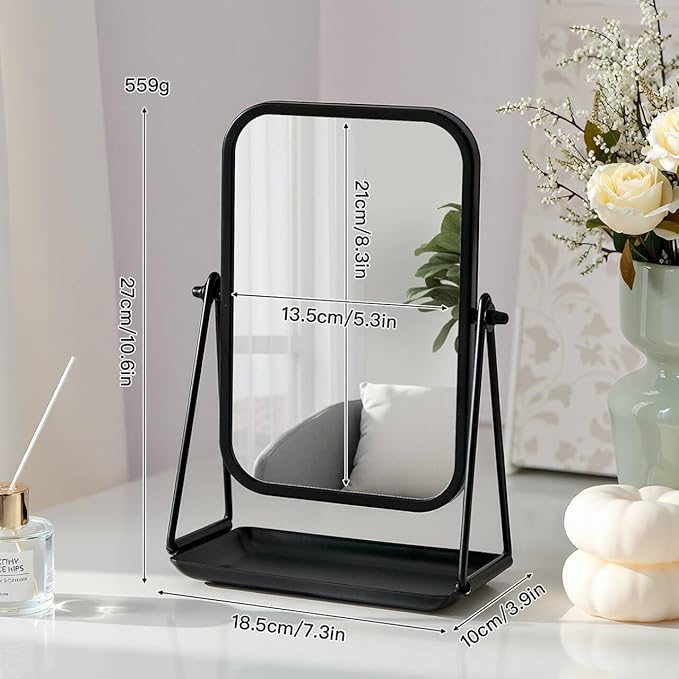 Small Mirror for Desk Table Black Metal Framed Freestanding Vanity Mirrors with Storage 360°Rotation Countertop Mirror Portable Makeup Mirrors for Dressing Bathroom Bedroom Dorm