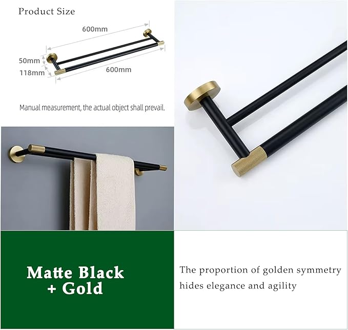 24 Inch Black and Gold Double Towel Bar, Rust-Resistant 304 Stainless Steel with Solid Brass Knurled Accents, Wall-Mounted for Bathroom & Shower