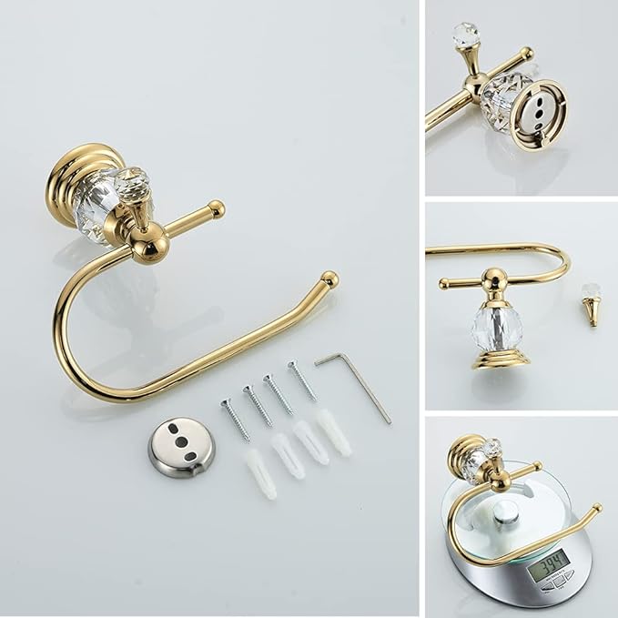 WOLIBEER Gold Bathroom Accessories, Brass Crystal Towel Bar Set Toilet Paper Holder Towel Ring Robe Hooks 4 Pieces Wall Mounted