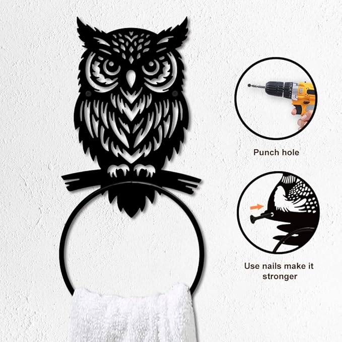 MAYJOYDIY Owl Metal Towel Ring Antique Night Owl Hand Towel Holder Round Animal Birds Towel Hangers Black Bathroom Towel Rack Wall Mounted for Kitchen Bath Home Laundry Room Decors Gifts