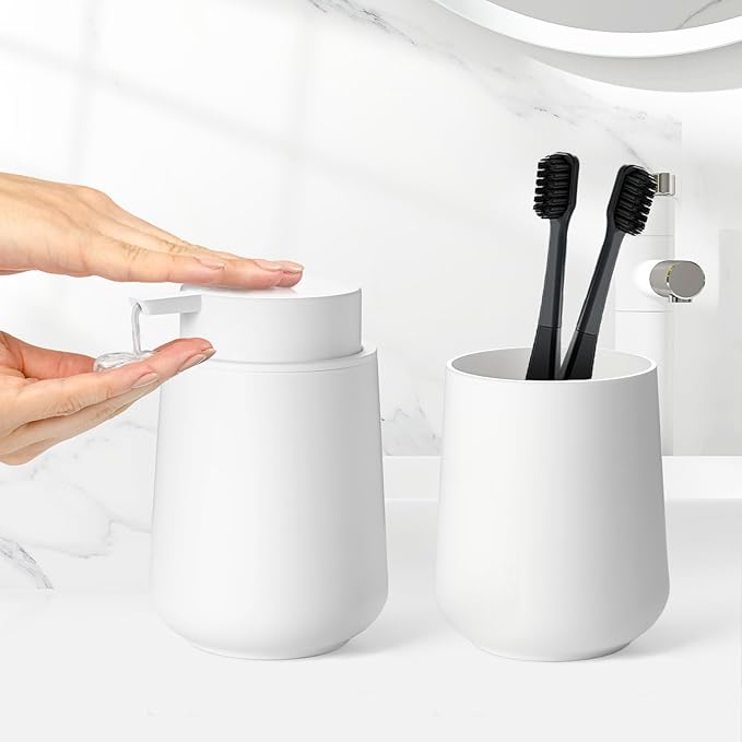 Matte White Bathroom Accessories Set Plastic Hand Soap Dispenser and Toothbrush Holders 2 Piece