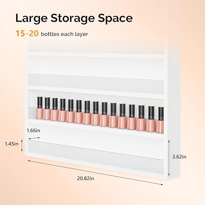 OmySalon Nail Polish Organizer Wall Mount - Holds 120+ Bottles with Acrylic Barrier, Salon Display Rack for Home Spa & Nail Studio - Assembly Required, Wooden Polish Storage (White, 6-Tier)