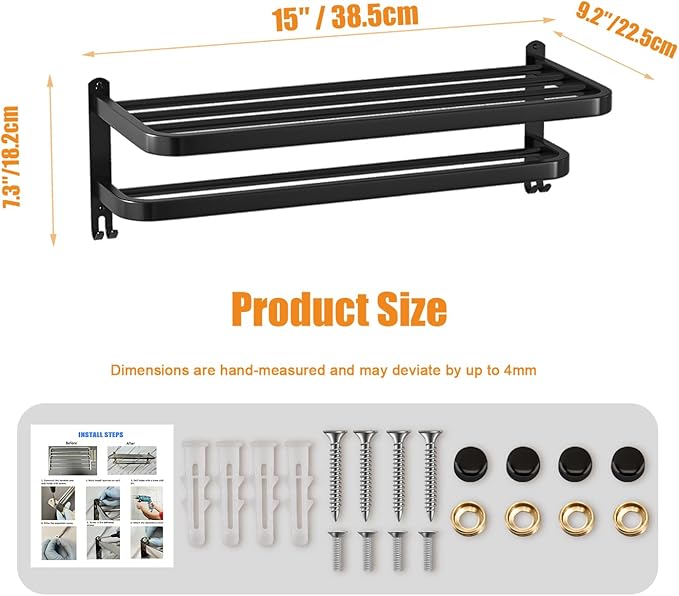 DDS-DUDES 15 Inch Black Towel Racks for Bathroom Towel Shelf with Double Towel Bars Lavatory Wall Mount Holder with Hooks Stainless Steel Hotel Bath Rack (Matte Black)