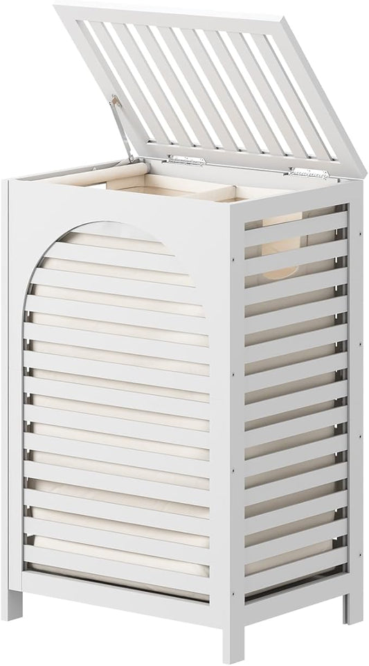 White Laundry Hamper, 22.5 Gallon (85L) Bamboo Wood Clothes Laundry Basket with Lid and Handles, Removable Liner