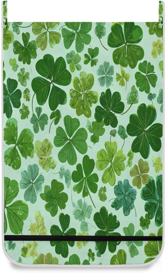 Green St Patrick Clovers Hanging Laundry Hamper Door Hampers Bag Basket with Stainless Steel Hooks Oxford Fabric Printing Decorative Clothes Bags 29.5X20inch 2Pack