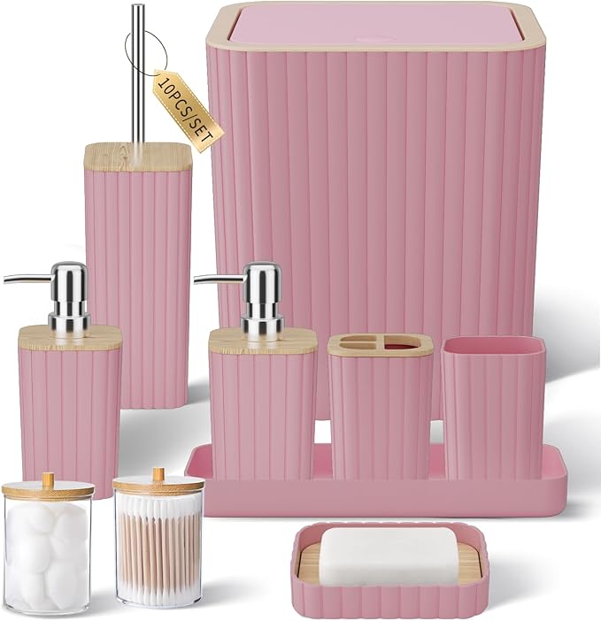 XLHOMO Bathroom Accessories Set - Elegant Pink Bathroom Set, 10PC Bathroom Accessory Set, Toilet Brush, Bathroom Trash Can