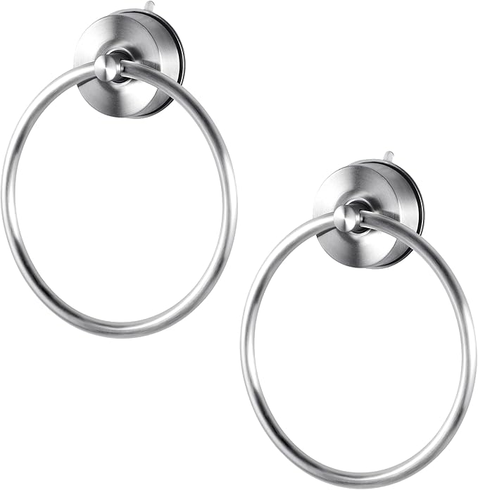 YOHOM Suction Cup Towel Ring Hand Towel Holder for Bathroom Vacuum Suction Washcloth Holder Dish Towel Hanger for Shower Wall No Drill Stainless Steel Brushed Finish, 2 PCS