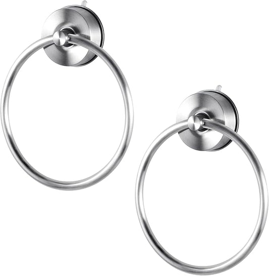 YOHOM Suction Cup Towel Ring Hand Towel Holder for Bathroom Vacuum Suction Washcloth Holder Dish Towel Hanger for Shower Wall No Drill Stainless Steel Brushed Finish, 2 PCS