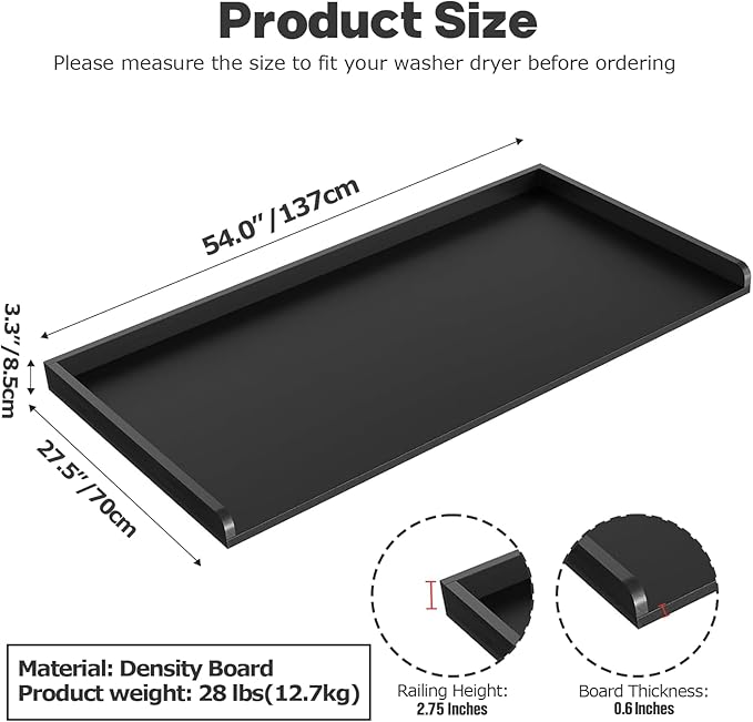 1-Tier Washer Dryer Countertop, 54"W x 27.55"D Laundry Countertop with Edge Rails and Non-Slip Pad, Washer and Dryer Topper for Laundry Room Storage Organization (Black)