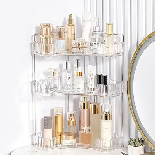 CESTATIVO Corner Bathroom Counter Organizer, Vanity Trays for Bathroom, Skincare Makeup Organizer Shelf, Shelf Cosmetics, Toiletries, Lotions, Perfumes (3 Tiers, Clear)