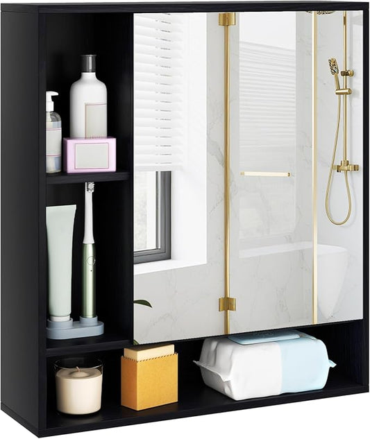 Giantex Bathroom Medicine Cabinet with Mirror, Wall Mounted Medicine Cabinet w/Single Door, 3 Open Shelves & Adjustable Shelf, Space-Saving Hanging Storage Cabinet for Living Room, Hallway (Black)