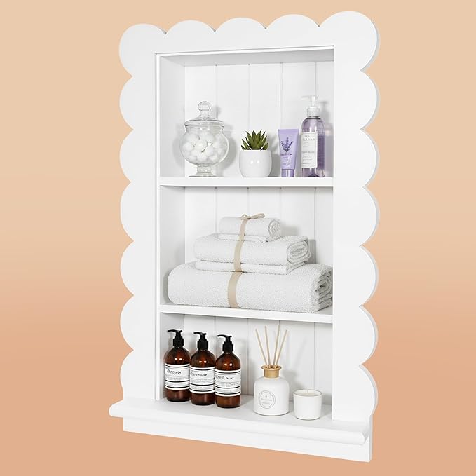 Royxen Bathroom Wall Cabinet with 3-Tier Shelves,Wooden Recessed Medicine Cabinet Over Toilet Storage Cabinet,Scalloped Large Medicine Cabinet Niche for Bathroom Storage Organizer,18 x 24 Inch, White