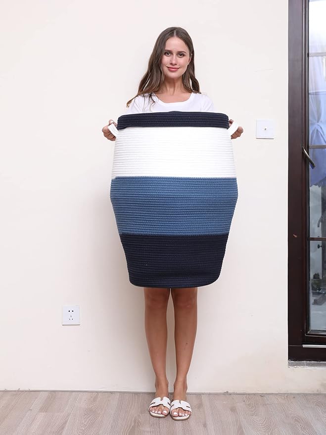 26"x20" Handcrafted Tall Cotton Rope Basket with Lid, Stylish Flagon Shape with Cover, Clothes Hamper with Top, for Bedroom and Living Room, Dark Blue/Deep Blue