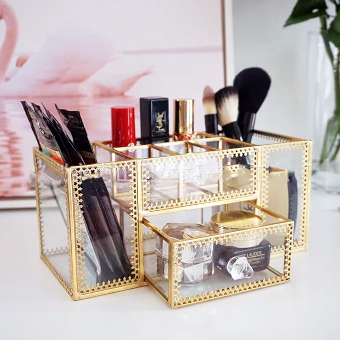 Yamfurvo Makeup Organizer Handmade Vintage Brass Frame Makeup Brush Holder Glass Makeup Brushes Storage Cosmetic Organizer Makeup Vanity Decoration Jewelry Box