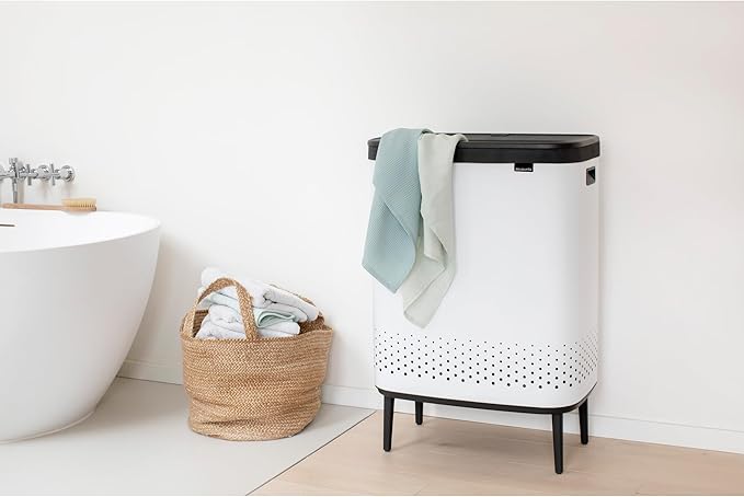 Brabantia Bo Laundry Hamper Hi (White) 2 Compartment Removable Laundry Bag 2 x 12 Gal, Ventilated Stylish Dirty Clothes Holder, Flat Back, Off-the Ground, Anti-Rust Materials for Bathroom Use