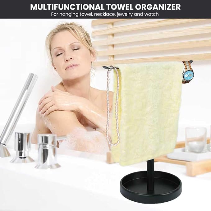 T-Shape Bath Hand Towel Holder Stand, Free Standing Hand Towel Rack with Storage Tray, for Bathroom Kitchen Countertop, Matte Black