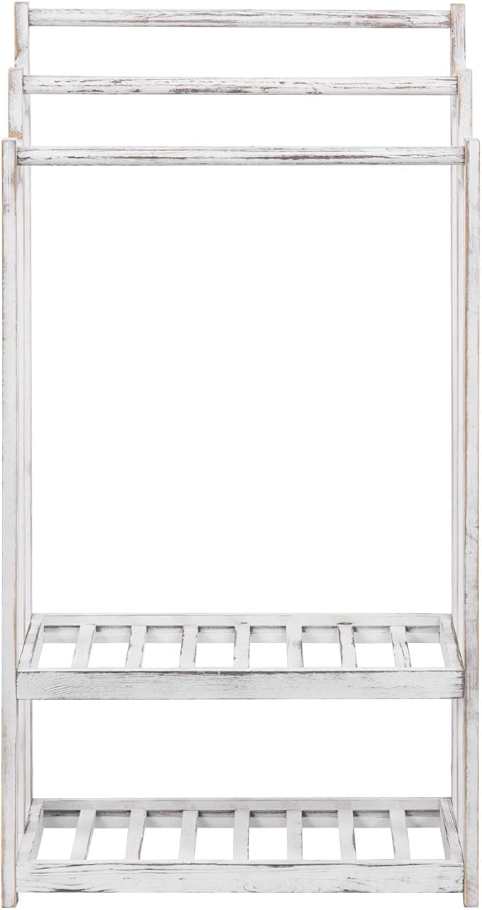 MyGift 3 Tier Bathroom Towel Rack Freestanding, Free Standing Bath Towel Drying Holder Stand with 2 Slatted Bottom Storage Organizer Shelf, Farmhouse Whitewashed Solid Wood