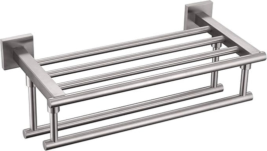 KOKOSIRI Towel Shelf with Double Towel Bars 16 Inches Bathroom Towel Rack Towel Holder Wall Mounted Stainless Steel, Brushed Nickel, B6005BR-L16