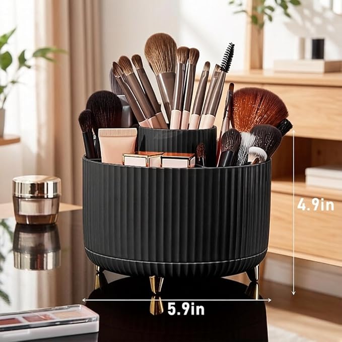 Makeup Brush Holder,360° Rotating Makeup Brush Organizer,5 Slot Make up Brushes Cup for Cosmetics,Large Capacity,For Nail Polish, Art Supply, Bathroom Vanity,Cosmetics Organizer,Black