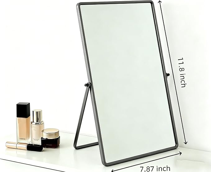 Feyarl Desktop Makeup Vanity Mirror 11.8 x 7.87 Inch Tabletop Mirror 90° Rotation Decorative Standing Cosmetic Mirror for Home Deco Bedroom Bathroom Desk Dresser (Gunmetal Black)