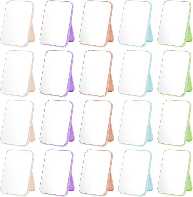 20 Pcs Spa Party Mirrors for Women, Makeup Mirrors with Foldable Stand, Tabletop Vanity Mirrors Bulk, Slumber Birthday Party Favors, Sleepover Accessories and Gifts (Purple Green Pink Blue Beige)