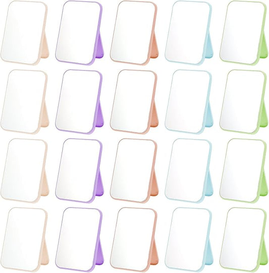 20 Pcs Spa Party Mirrors for Women, Makeup Mirrors with Foldable Stand, Tabletop Vanity Mirrors Bulk, Slumber Birthday Party Favors, Sleepover Accessories and Gifts (Purple Green Pink Blue Beige)