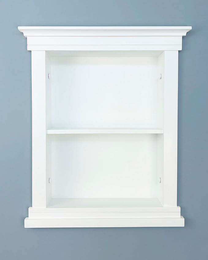 Fox Hollow Furnishings 14x18 Elliot Craftsman Recessed Wood Wall Niche, Open Medicine Cabinet Replacement, in The Wall Bathroom Cabinet Insert Shelves, Made in North America, NO MDF, Plain, White
