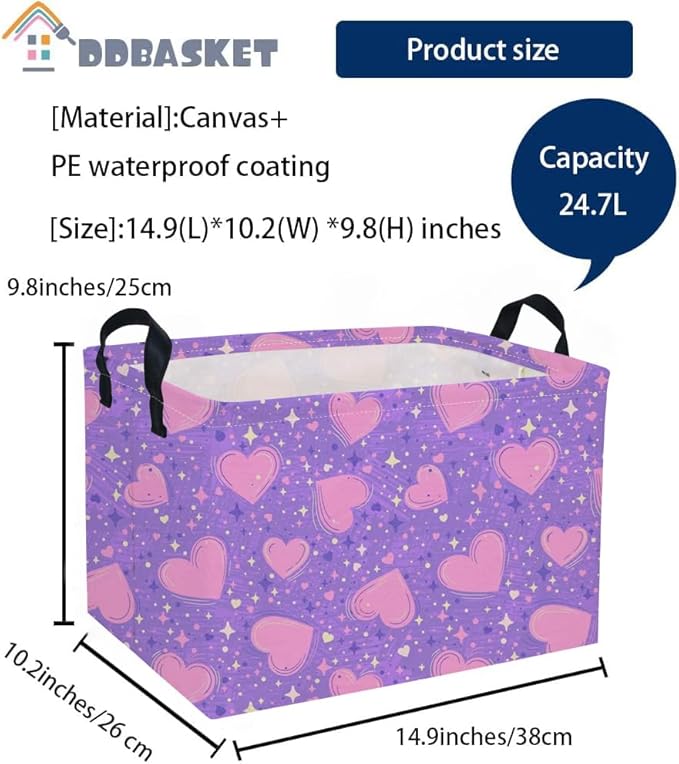 Rectangular Valentine's Day Baskets,Heart Basket,Girls Basket Kids Storage Bin Love Room Decor for Home.(Purple Heart)