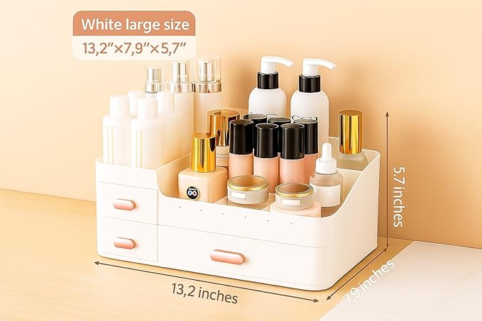 Makeup Organizer Countertop for Vanity with Drawers – Large White Makeup & Skin Care Organizer for Cosmetics & Accessories