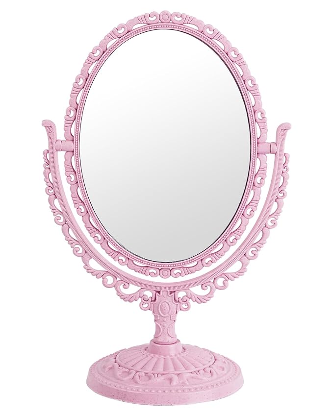 XPXKJ Pink Vintage Vanity Mirror Shabby Chic Decor | 360° Rotating Double-Sided Table Makeup Mirror with Stand Bedroom Decoration Perfect for Tabletop, Desk, Or Makeup Station