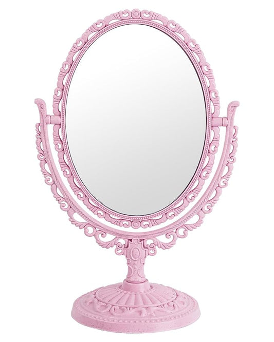 XPXKJ Pink Vintage Vanity Mirror Shabby Chic Decor | 360° Rotating Double-Sided Table Makeup Mirror with Stand Bedroom Decoration Perfect for Tabletop, Desk, Or Makeup Station