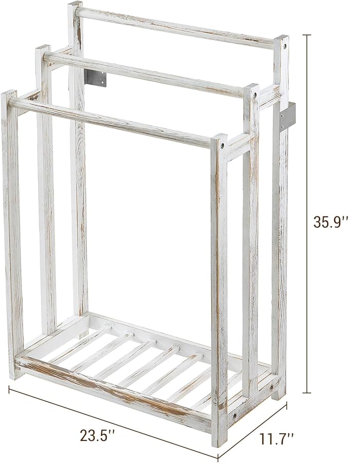 MyGift 35" Freestanding Towel Rack, 3 Bar Wood Blanket Holder with Bottom Storage Shelf, Free Standing Towel Drying Rack and Display for Bathroom Living Room, Whitewashed