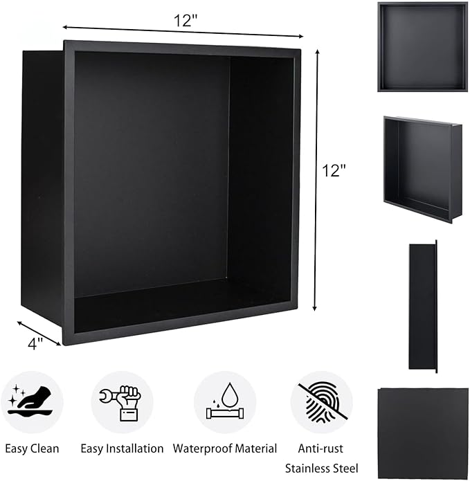 Black Shower Niche 12"X12", Stainless Steel Wall-Inserted Niche Bathroom Shelf, No Tile Needed Recessed Niche Shower for Bathroom, Living Room, Kitchen for Storage