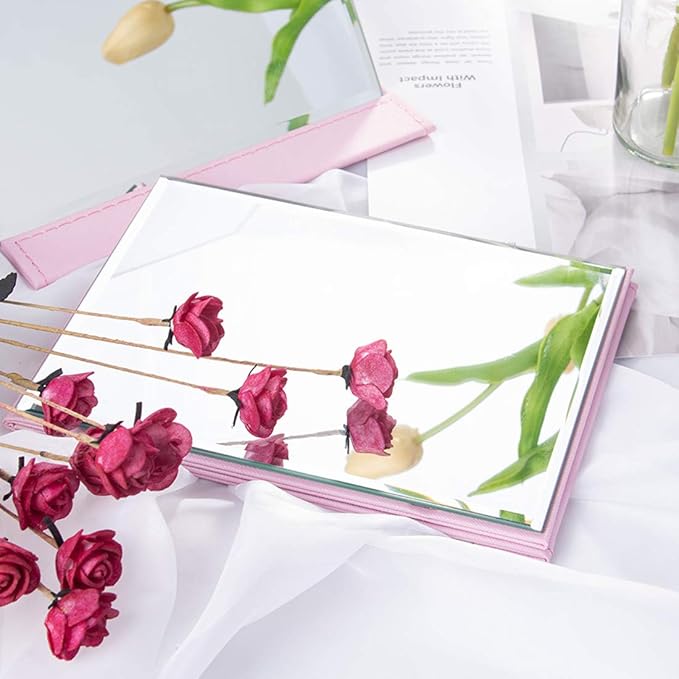 LONGSHENG - SINCE 2001 - Protable PU Leather Mirror Folding Desktop Makeup Mirror with Adjustable Stand for Personal Use,Travelling (L, Pink)