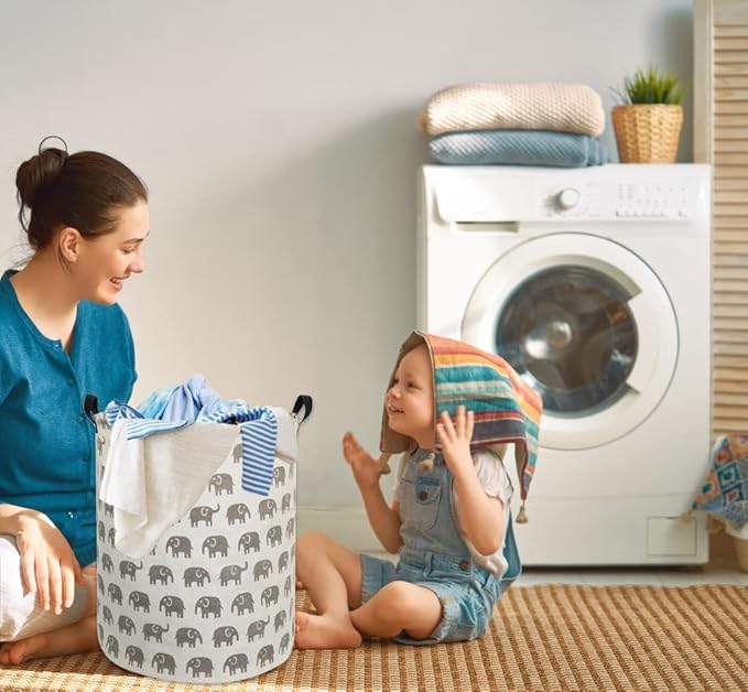 HIYAGON Canvas Storage Basket,Large Laundry Basket with Handles-Collapsible Storage Bin for Kids Room,Nersury Hamper,Toy Storage 19.7??15.7 (Grey Elephant)
