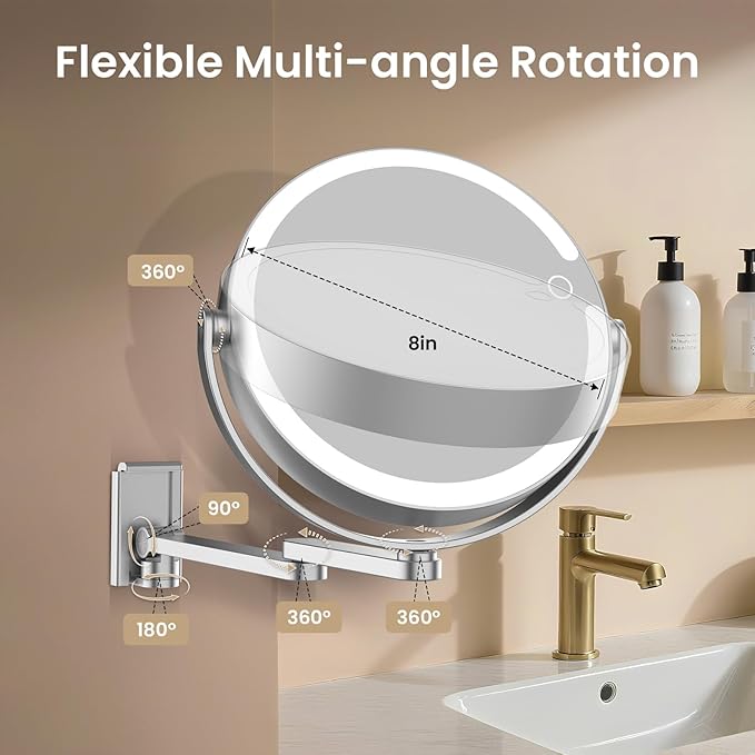 FRANO Wall Mounted Makeup Mirror with Lights, 8-inch 20X/1X Magnifying Mirror, Rechargeable LED Vanity Mirror with 3 Color Lights, 360° Swivel & Extendable Arm