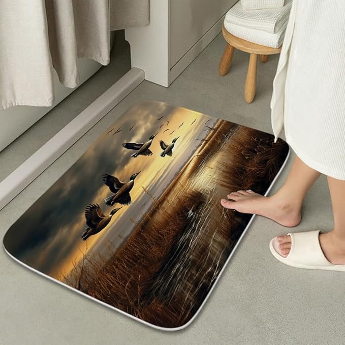 Rustic Wild Ducks Flying Hunting Ocean Bathroom Sets with Shower Curtain and 20 x 31 Rugs Bathroom Accessories Sets Decor with Bath Rug, Bath Mat, U-Shaped Contour and Hooks 72 x 72 Inch Brown Teal