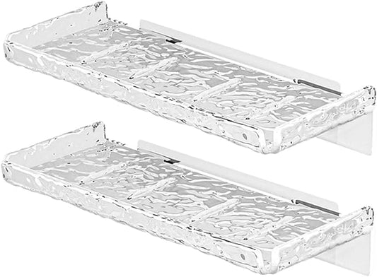 2pcs Floating Wall Shelves Bathroom Storage Rack Transparent Wave Pattern Strong Mounted Organizer for Shampoo Toothbrush and Kitchen Seasoning Holder