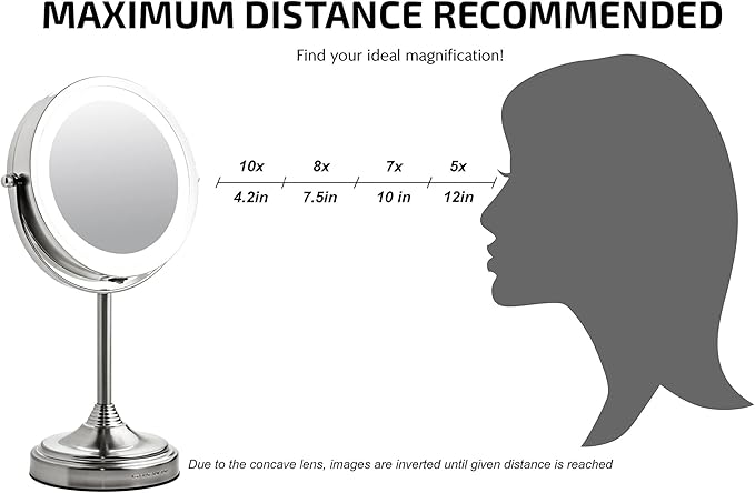 OVENTE 7'' Lighted Tabletop Makeup Mirror, 1X & 7X Magnifier, Spinning Double Sided Round LED, Great for Vanity, Bath, & Bedroom, Battery Powered, Nickel Brushed MCT70BR1X7X (Pack of 2)