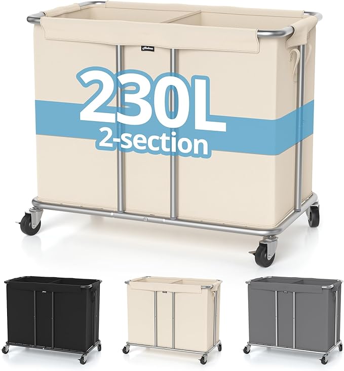 Hodonas 230L Rolling Laundry Hamper, 2-Section Laundry Basket with Wheels, 61 Gallons Laundry Sorter with Metal Structure and Removable Liner, Clothes Hamper for Laundry Room, Bathroom, Bedroom, Beige