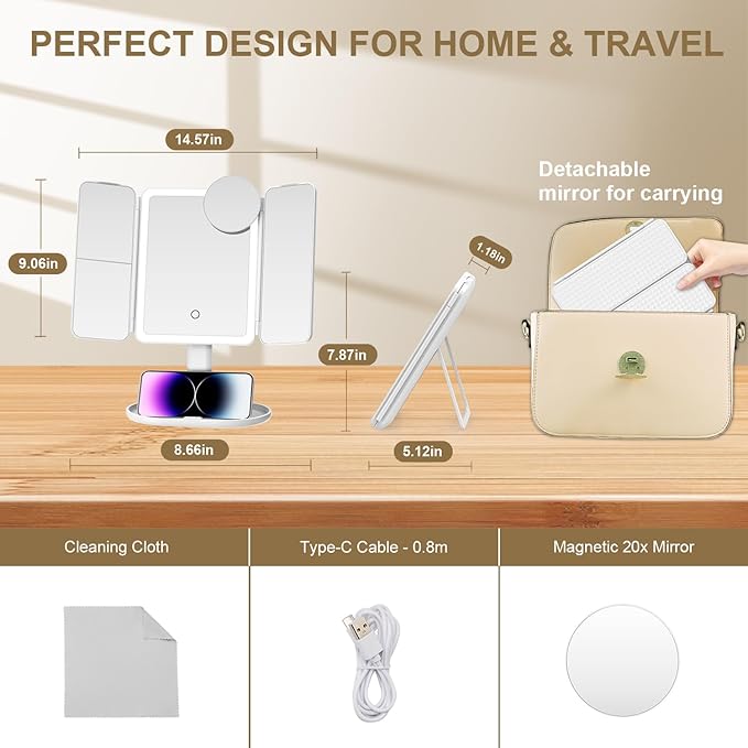 Mocado Makeup Mirror with Lights, 20X/7X/3X Magnifying Mirror with Light,Rechargeable & Height Adjustable Lighted Makeup Mirror,Vanity Mirror with 3 Colors Lights,Detachable Design for Travel(White)
