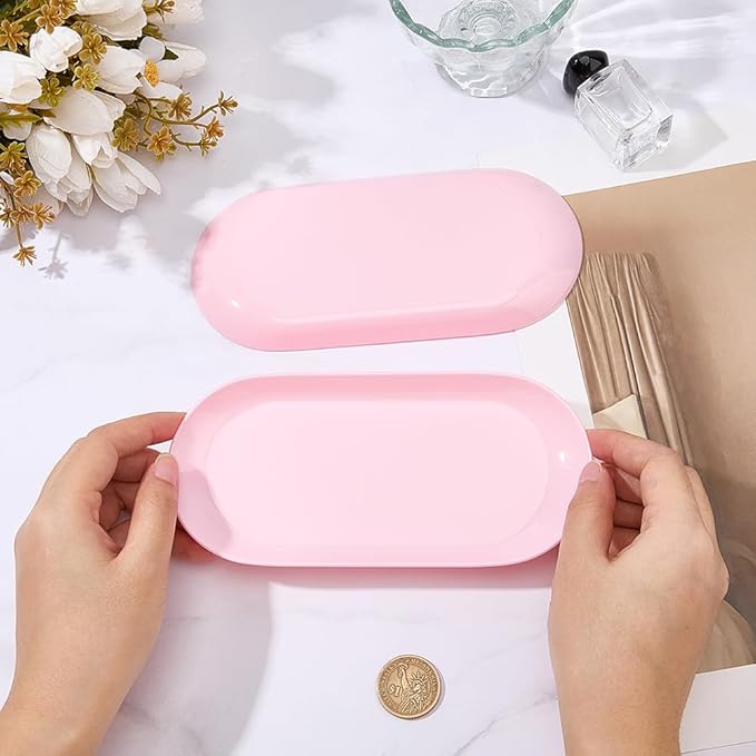 CRASPIRE 2Pcs Pink Nail Trays Manicure Storage Tray 7" x 3.3" Plastic Nails Art Tools Organizer Display Jewelry Rhinestone Small Plate Dishes for Manicures Decoration Makeup Cosmetics Accessories